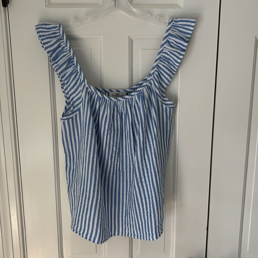 Vineyard Vines Blue And White Gauzy  Ruffled Sleeveless Top